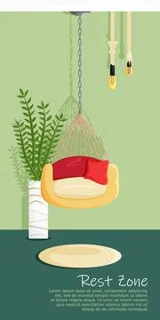 Vector interior of rest zone with hanging chair in cartoon flat style Ilustración de archivo