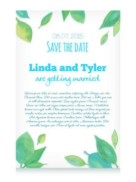 Vector invitation card with green hand drawn watercolor leaves. Save the date Stock Illustration