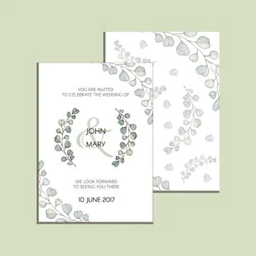 Vector invitation with eucalyptus leaves . Modern Wedding collection. Thank you Stock Illustration