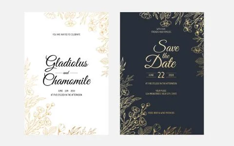 Vector invitation with gold floral elements. Luxury ornament template. greeting 库存插图