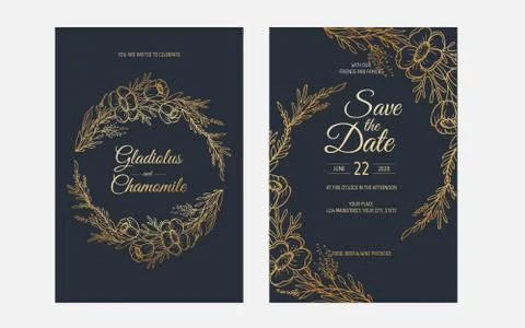 Vector invitation with gold floral elements. Luxury ornament template. greeting Stock Illustration