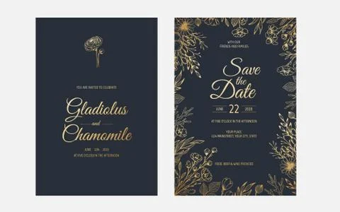 Vector invitation with gold floral elements. Luxury ornament template. greeting Stock Illustration