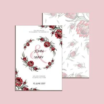 Vector invitation with handmade floral elements and flowers of protea. Modern Stock Illustration