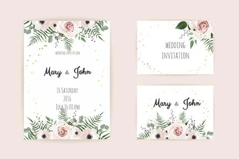 Vector invitation with handmade floral elements. Wedding invitation cards wit Stock Illustration