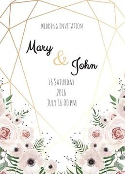 Vector invitation with handmade floral elements with polygonal frame. Wedding Stock Illustration