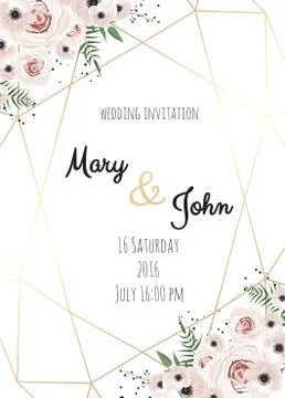 Vector invitation with handmade floral elements with polygonal frame. Wedding Stock Illustration