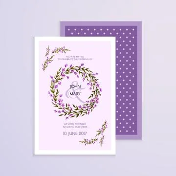 Vector invitation with handmade lavender flowers. Modern Wedding collection Stock Illustration