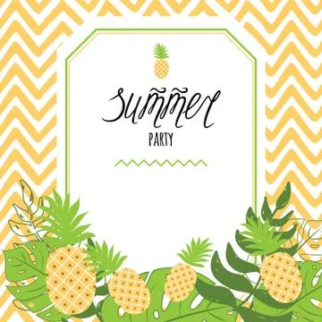 Vector invitation template with pineapple, text 'Summer party' on pineapple y Stock Illustration