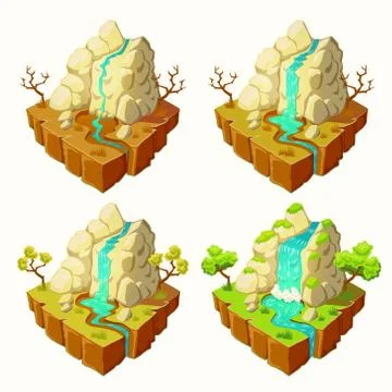 Vector islands with mountains and a waterfall, design elements for games Stock Illustration