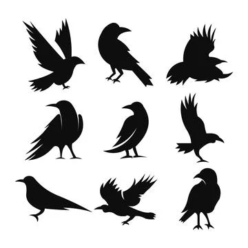 Vector, isolated black silhouette bird, crow collection Stock Illustration