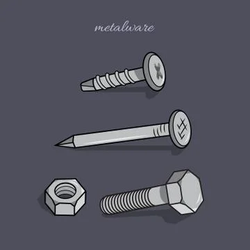 Vector isolated bolt, nut, screw and nail on grey background. Stock Illustration