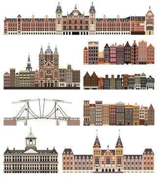 Vector isolated buildings and landmarks of Amsterdam city Stock Illustration