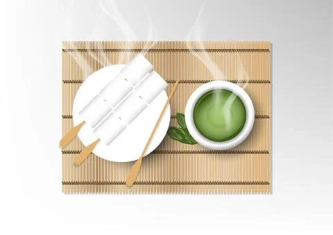 Vector isolated cup of coffee collection, green tea with dessert Stock Illustration