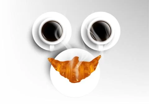 Vector isolated cup of coffee collection, smile with americano and croissant Stock Illustration