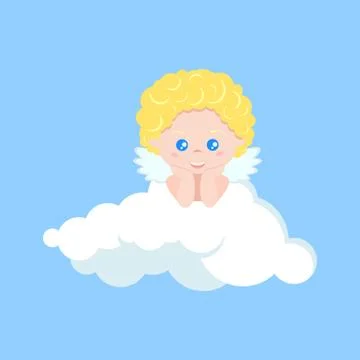 Vector isolated cute cupid boy dreaming on clouds in flat cartoon style. Stock Illustration