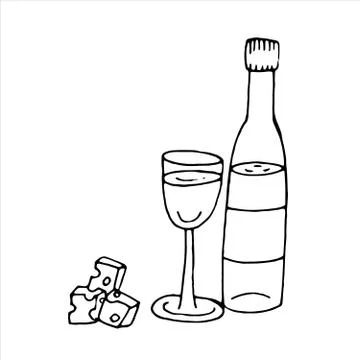 Vector isolated doodle element, bottle of wine and a glass, coloring book Stock Illustration