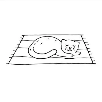 Vector isolated doodle element, cat sleeps on a home rug, coloring book Stock Illustration