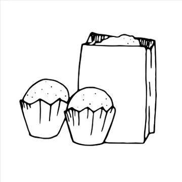 Vector isolated doodle element, homemade muffins and bag with flour, coloring Stock Illustration