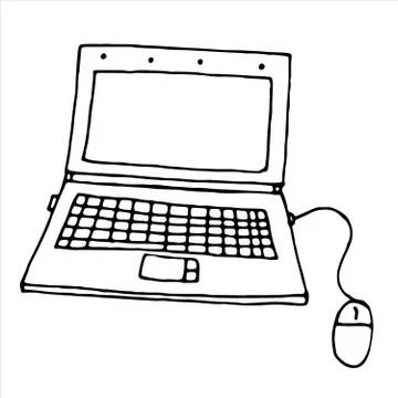 Vector isolated doodle element, laptop for working at home, coloring book Stock Illustration