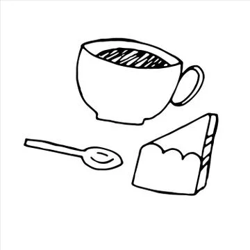 Vector isolated doodle element, tea party with cake, coloring book Stock Illustration