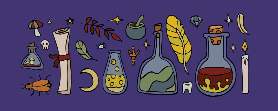 Vector isolated doodle set, witch potion craft bundle, gothic esoteric hand Stock Illustration