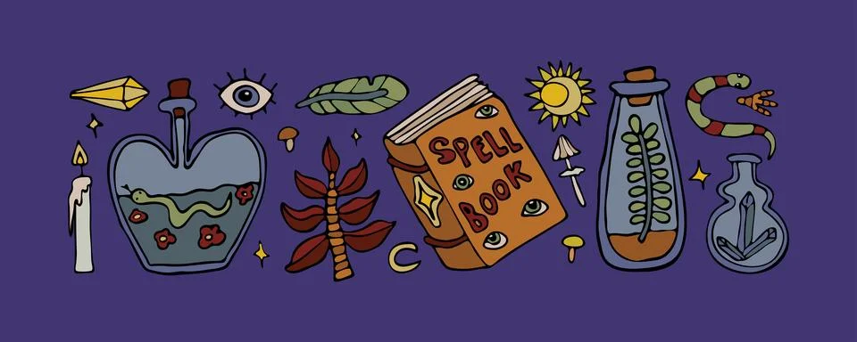 Vector isolated doodle set, witch potion craft bundle, gothic esoteric hand Stock Illustration