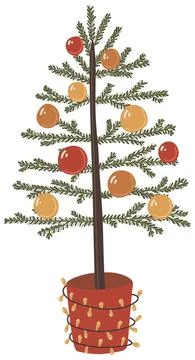 Vector isolated element. Christmas tree decorated with a garland Stock Illustration