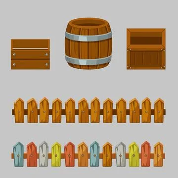 Vector isolated empty wooden crates and barrels. Stock Illustration