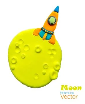 Vector, isolated figures of a Rocket on the moon, made of plasticine. Bright, Stock Illustration