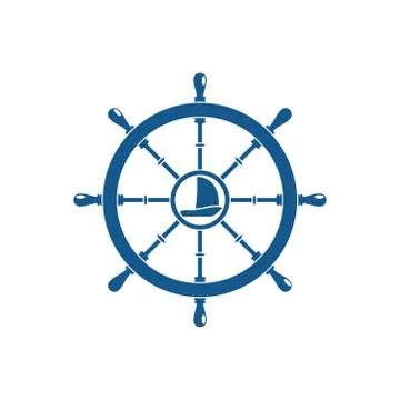 Vector isolated flat blue icon of steering wheel with ship in the center on t Stock Illustration