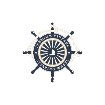Vector isolated flat icon of steering wheel with rope and ship at the center  Stock Illustration