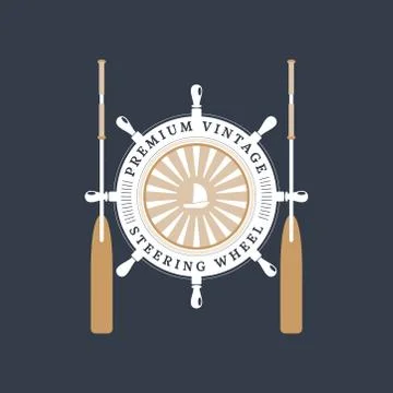 Vector isolated flat icon of steering wheel with rope, oars and ship at the c Stock Illustration