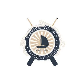 Vector isolated flat icon of steering wheel with hanging rope, crossed oars,  Stock Illustration