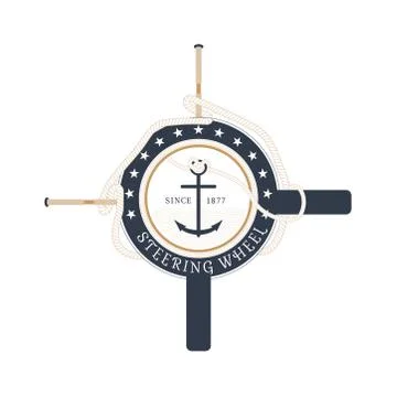 Vector isolated flat icon of steering wheel with rope, crossed oars and ancho Stock Illustration