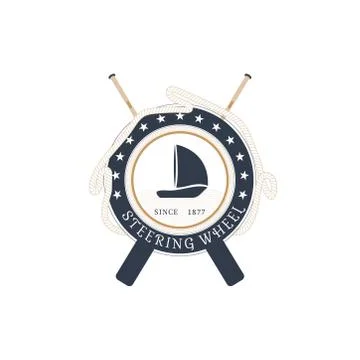 Vector isolated flat label of steering wheel with crossed oars, hanging rope  Stock Illustration