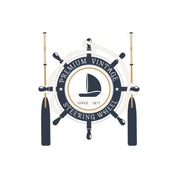 Vector isolated flat label of steering wheel with hanging rope, oars and ship Stock Illustration