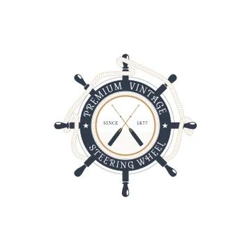 Vector isolated flat label of steering wheel with hanging rope, crossed oars  Stock Illustration