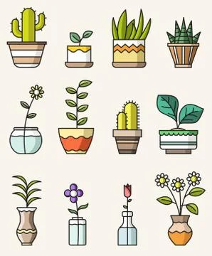Vector isolated flat style colorful icons of home flowers and plants Stock Illustration