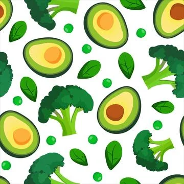 Vector isolated green seamless pattern with healthy vegan vegetables avocad.. Illustrazione stock