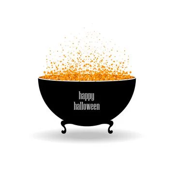 Vector isolated halloween black pot with orange potion and bubbles Stock Illustration