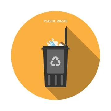 Vector isolated icon of open dark gray trash can with plastic waste on the ye Stock Illustration