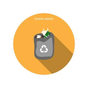 Vector isolated icon of open dark gray trash bag with plastic waste on the ye Stock Illustration