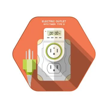 Vector isolated icon of white electric socket type B with digital timer and L Illustrazione stock