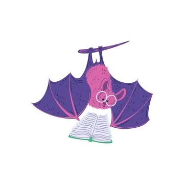 Vector isolated illustration of bat hangs upside down on branch with glasses and Stock Illustration