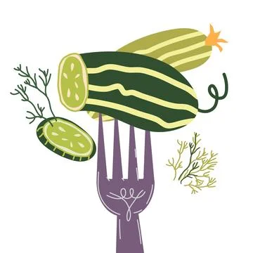 Vector isolated illustration of a cucumber on fork for food and pickles label Stock Illustration
