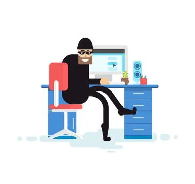 Vector isolated illustration hacker sits near computer イラスト素材