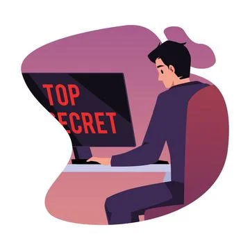 Vector isolated illustration of man in elegant suit sits at computer, checks top Illustrazione stock