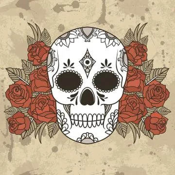 Vector isolated illustration of a skull with roses and leaves Stock Illustration