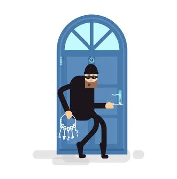 Vector isolated illustration thief in black suit breaks door, burglar sneaks Stock Illustration