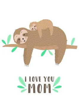 Vector isolated image of a cute sloth with baby on the branch. Hand-drawn car Stock Illustration